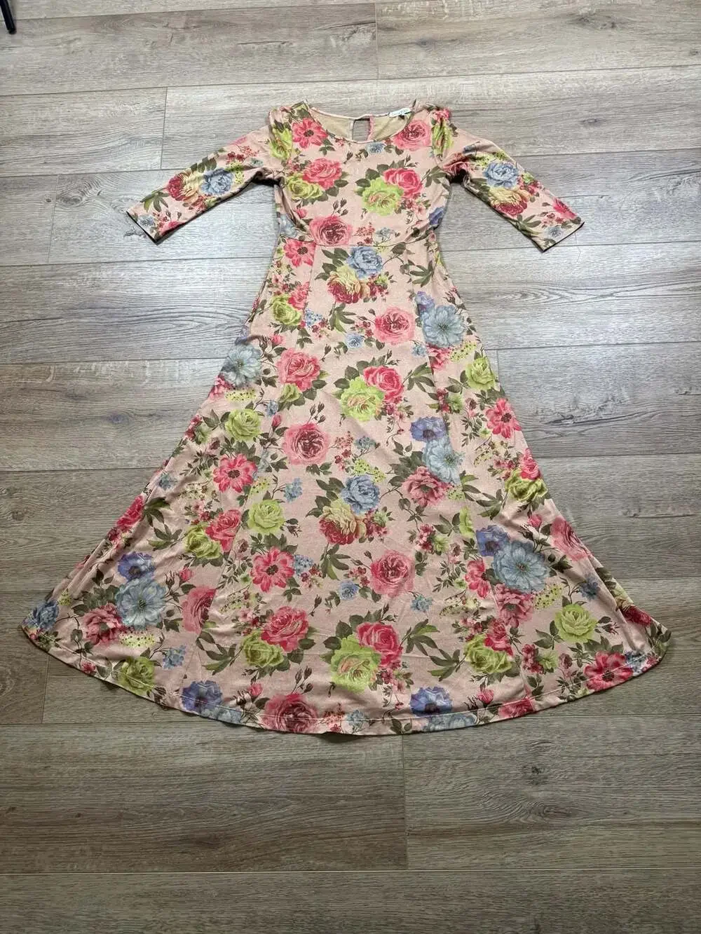 Peach Ice Floral Midi Dress Size S Pink Cottagecore Boho 3/4 Sleeve Maxi - Picture 2 of 14
